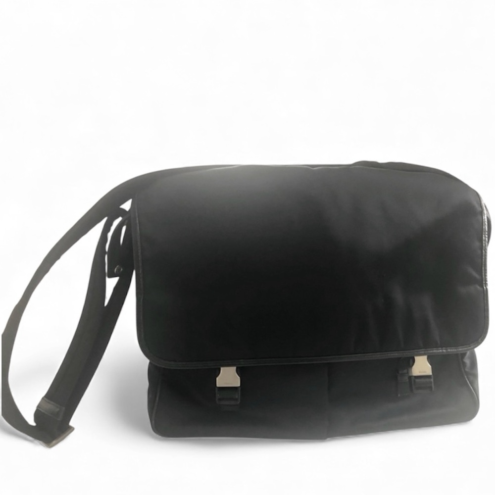 Prada Tessuto Black Nylon Messenger Laptop Shoulder Travel Bag | Authent…